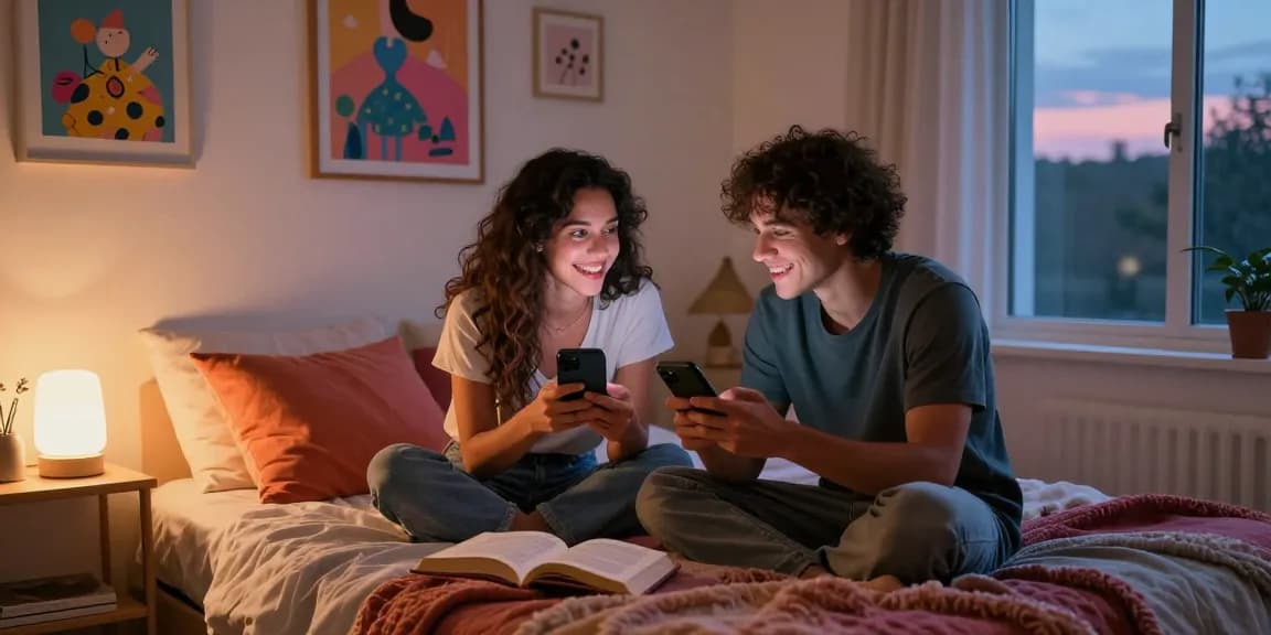 Couple engaging in playful ai sexting in a cozy bedroom, showcasing modern romance.