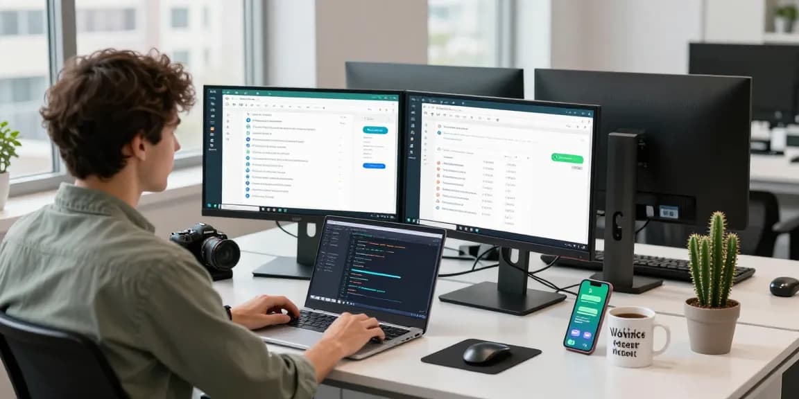 Developer working with WhatsApp電腦版 in a modern workspace, dual monitors and productivity apps.