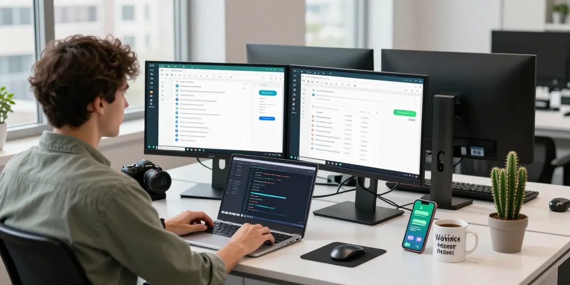 Developer working with WhatsApp電腦版 in a modern workspace, dual monitors and productivity apps.