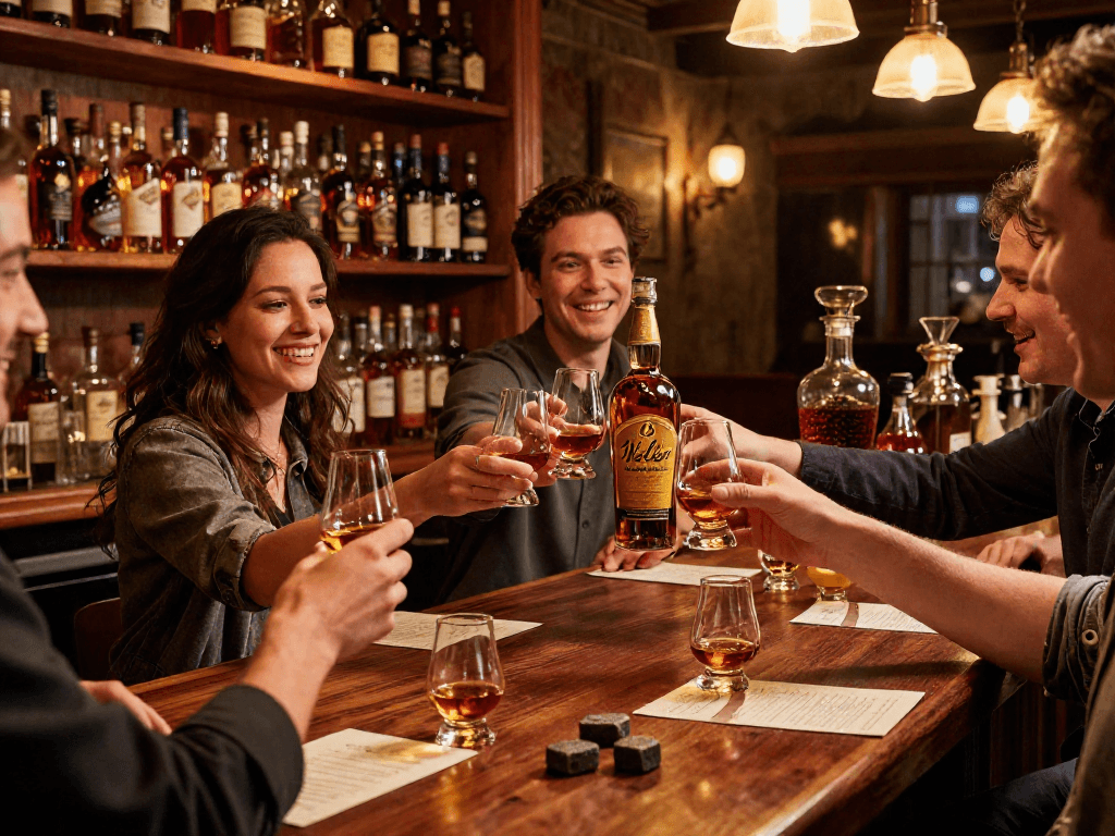 Friends toasting with Weller CYPB Bourbon in a rustic bar setting