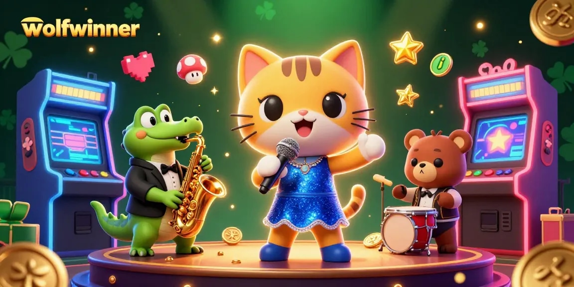 wolfwinner engages players in an exciting casino scene with a jazz-singer cat, saxophonist crocodile, and bear drummer.