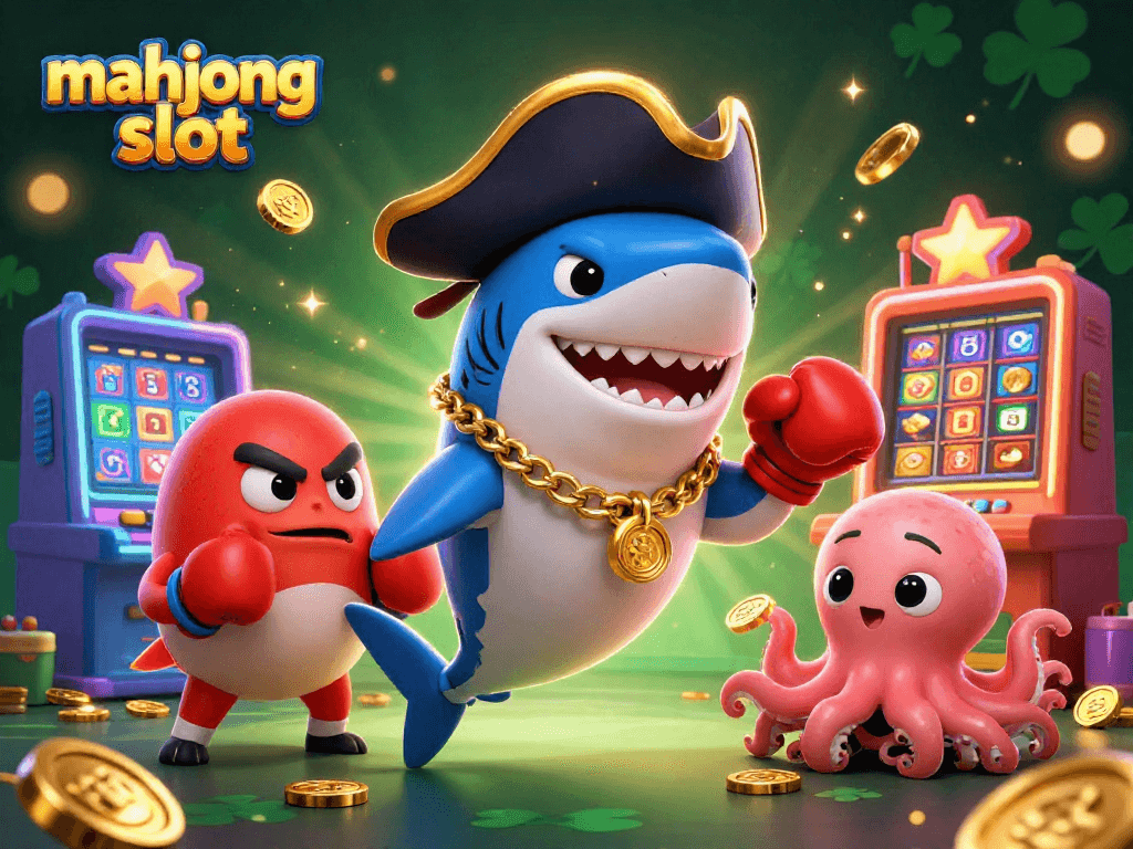 Experience the excitement of mahjong slot with colorful game machines and animated characters winning coins.