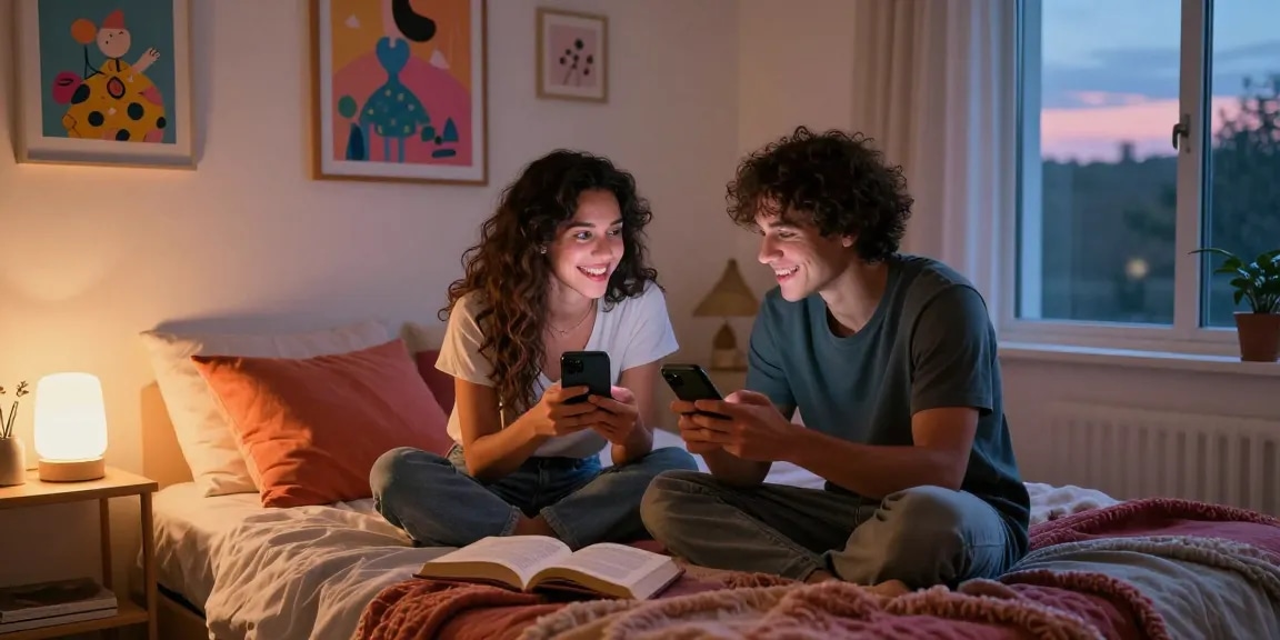 Couple engaging in playful ai sexting in a cozy bedroom, showcasing modern romance.