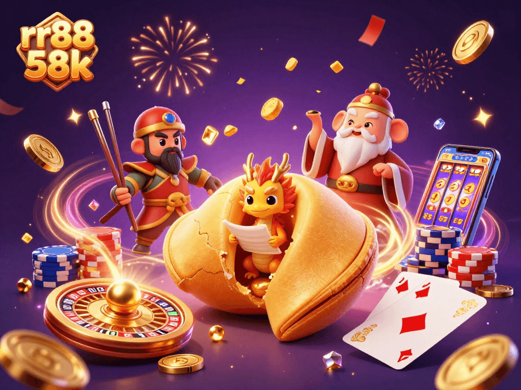 Experience the thrill of rr88 58k with this vibrant 3D casino scene featuring golden riches and gaming elements.