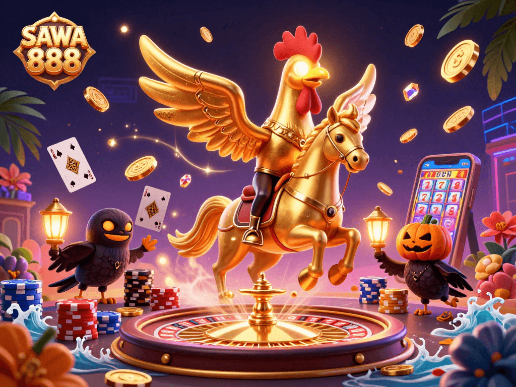 Experience thrilling gameplay with SAWA 888, featuring a vibrant casino scene with slot machines and golden coins.