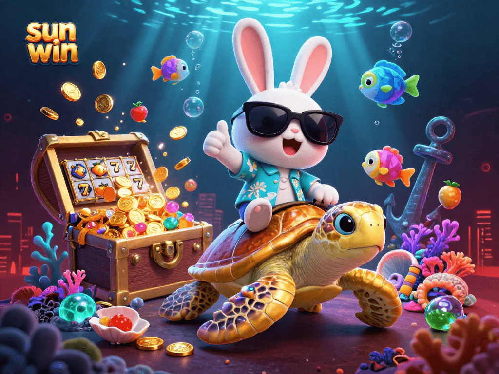 Win big with sun win while a lucky rabbit rides a golden turtle in a vibrant casino scene.