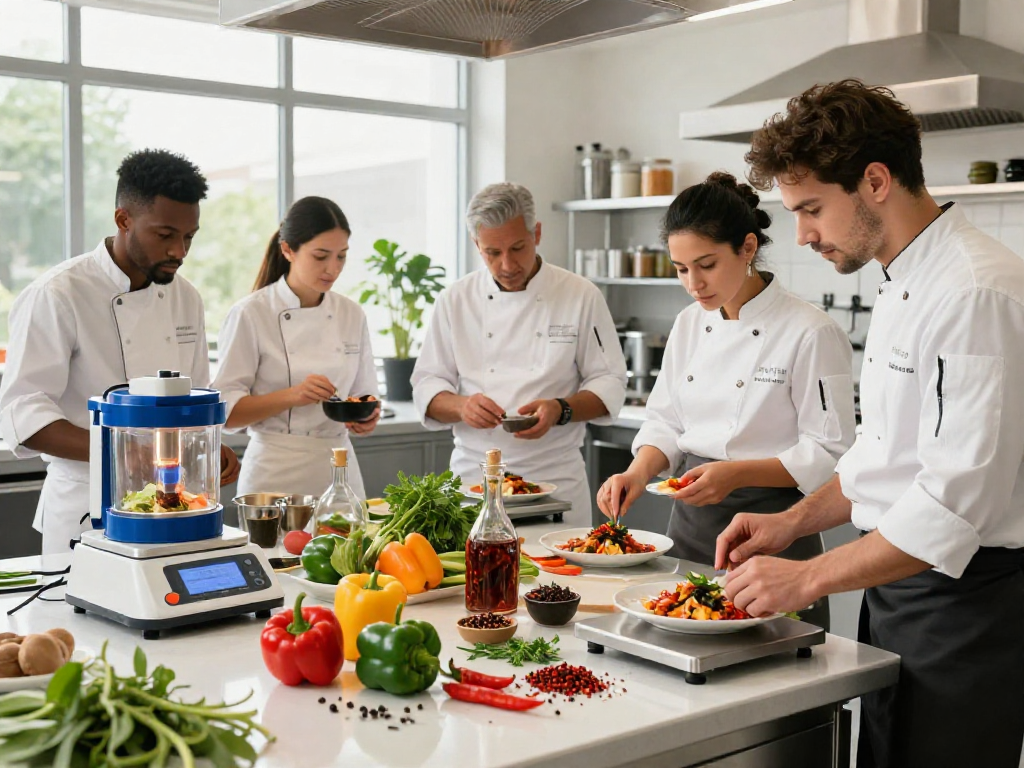 Creative culinary team using spicy AI to enhance plant-based dishes in a vibrant kitchen.