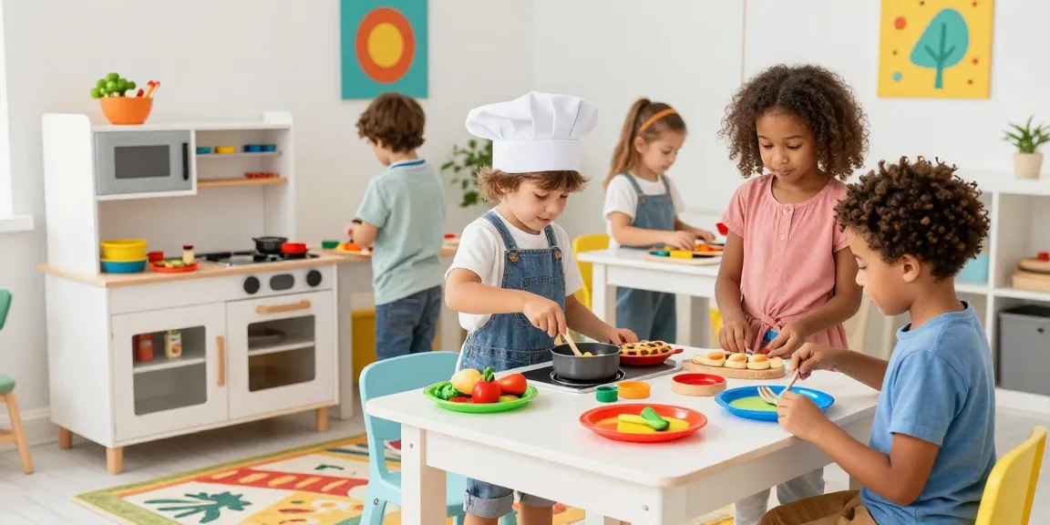 Kids kitchen scene with children in a vibrant playroom cooking together, enhancing imagination and creativity.