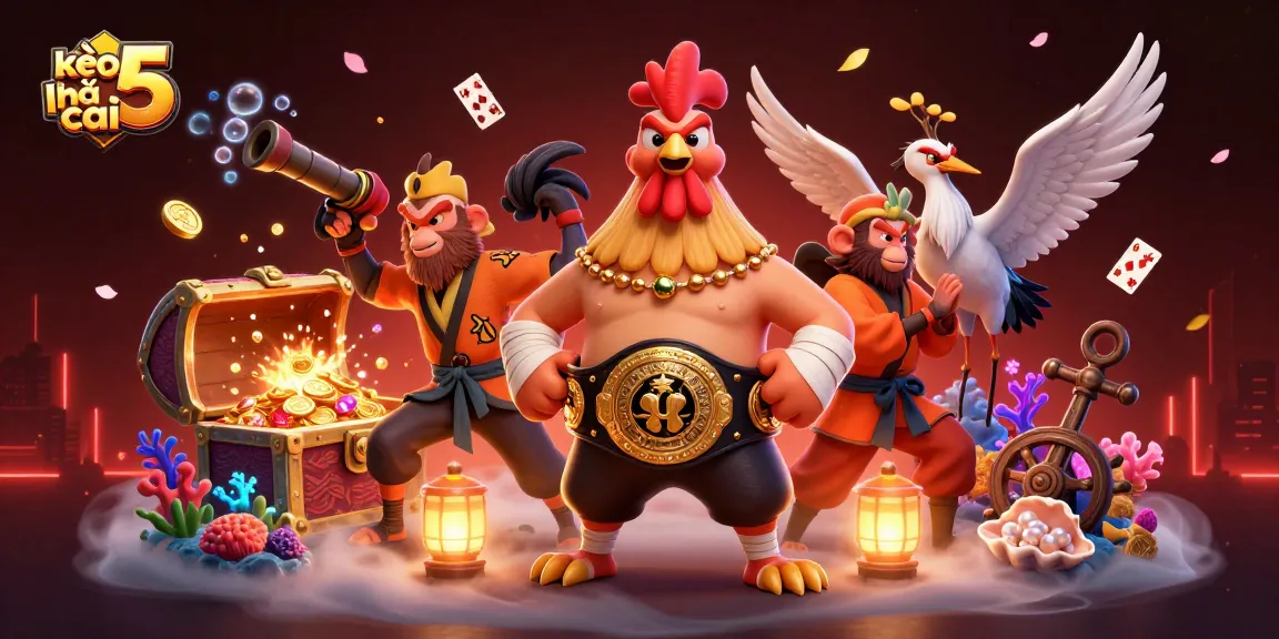 Engage with kèo nhà cái 5 in this vibrant, action-packed casino scene featuring unique characters and elements.