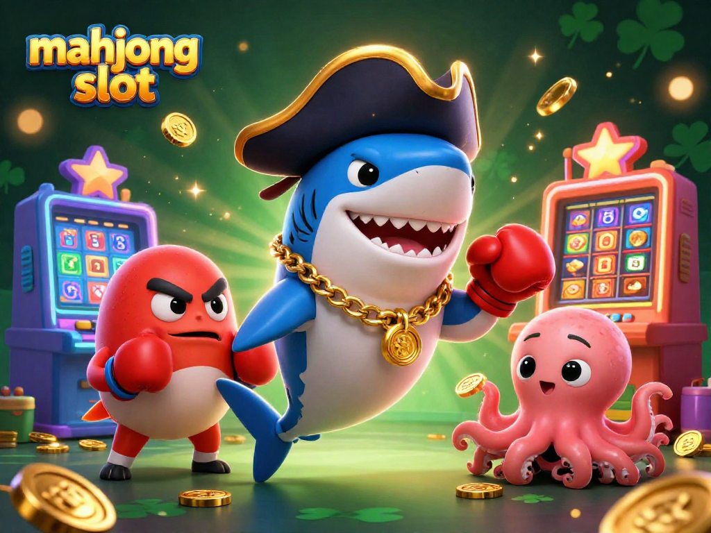 Experience the excitement of mahjong slot with colorful game machines and animated characters winning coins.