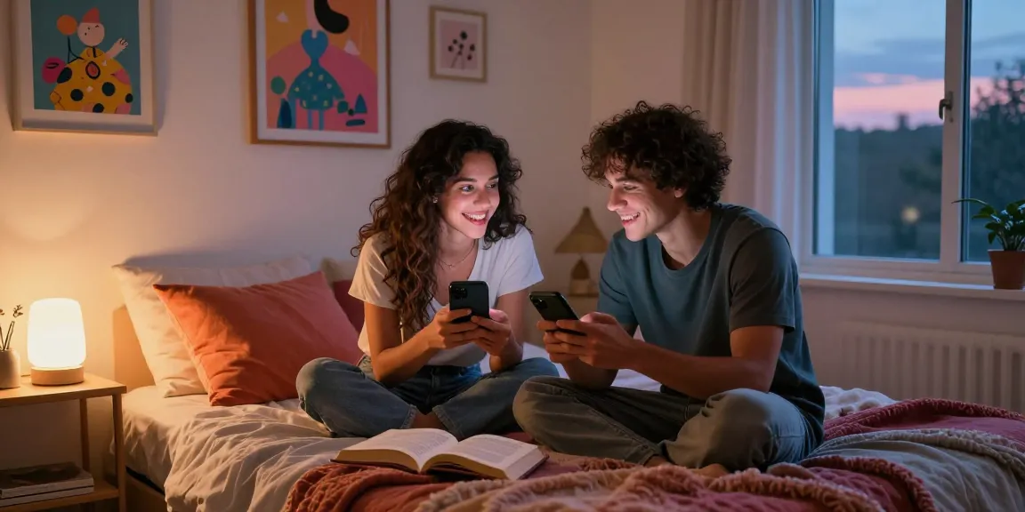 Couple engaging in playful ai sexting in a cozy bedroom, showcasing modern romance.