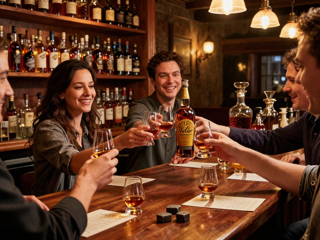 Friends toasting with Weller CYPB Bourbon in a rustic bar setting