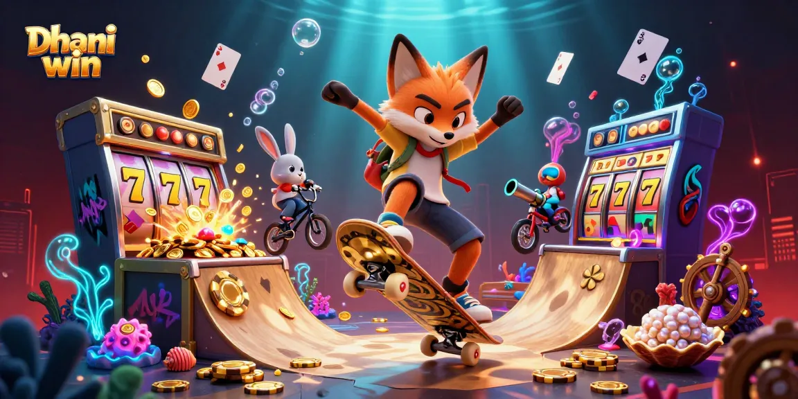 Dive into the thrilling world of Dhani win with a vibrant 3D gaming scene featuring fox and rabbit characters.