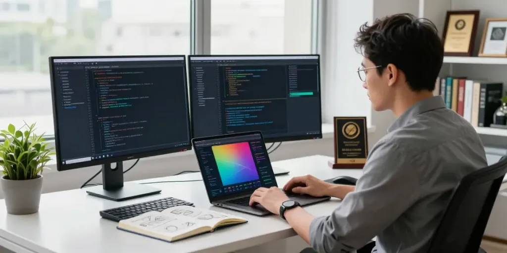 Focused developer working on instant indexing solutions in a modern office with dual monitors.