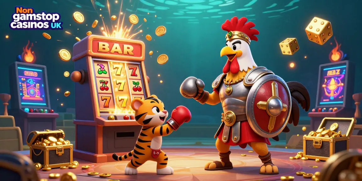 Experience Non gamstop casinos UK with a vibrant 3D scene of a rooster and tiger cub in a dynamic casino environment.