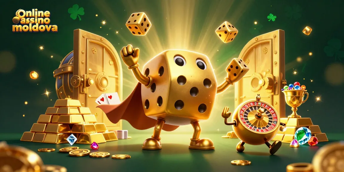 Jucând la un online casino moldova, un golem de zaruri aurii jonglează zaruri mai mici și este însoțit de un companion rotitor.