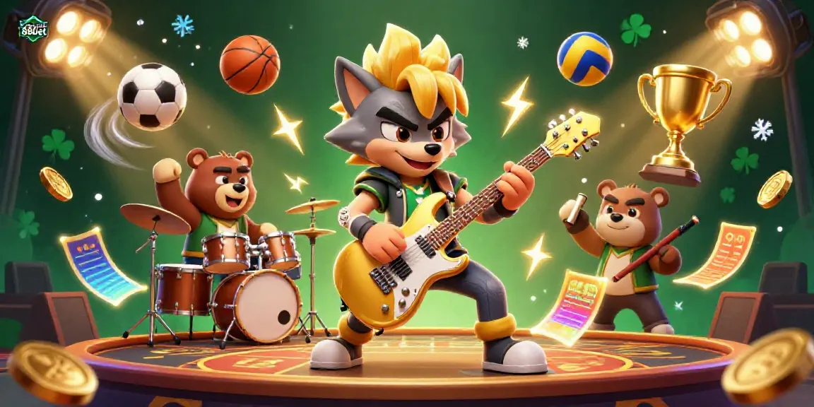 Experience the excitement of trang chủ 88ibet with a lively casino-themed scene featuring a rock star wolf and drummer bear.
