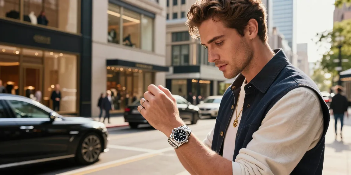 Person admiring rolex super clone watches in a stylish urban setting.