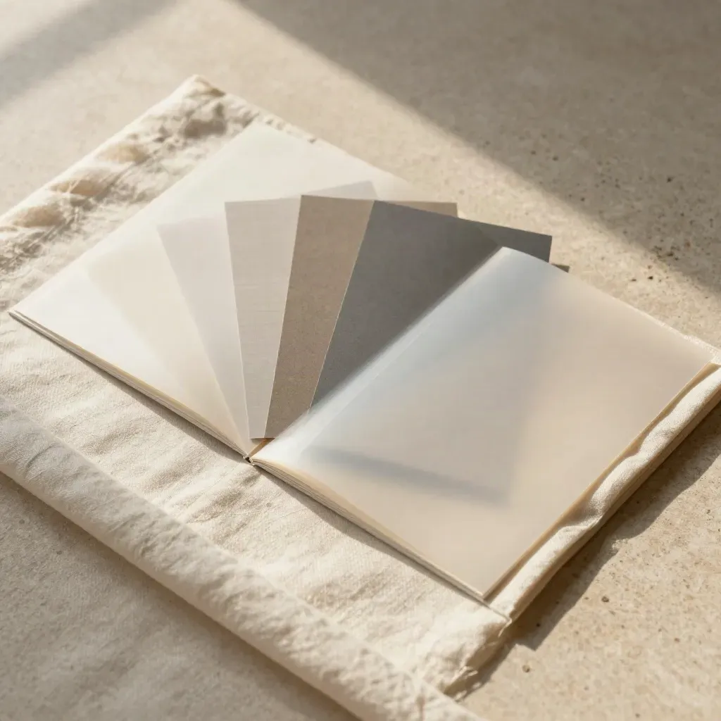 Overhead flatlay of translucent panels, spacer cards and a grid tile on folded cream linen.