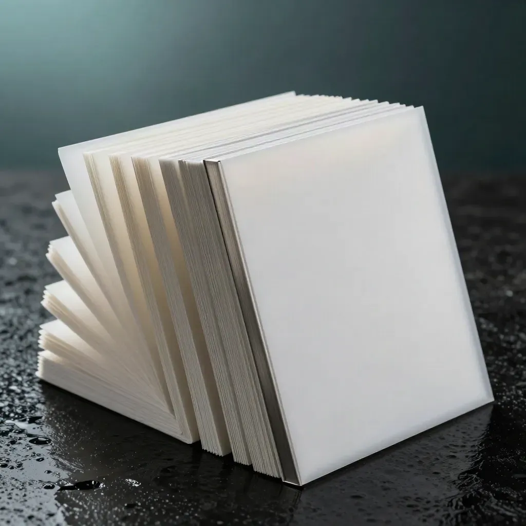 Frosted white panels with a brushed metal spine resting on wet basalt in a narrow seam of light.