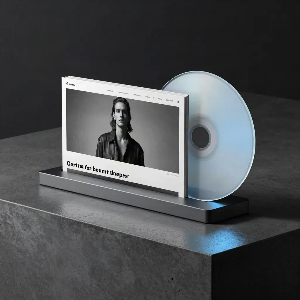 Website bundle cards, hosting block, forms disc and SEO slab on dark concrete in dramatic studio light