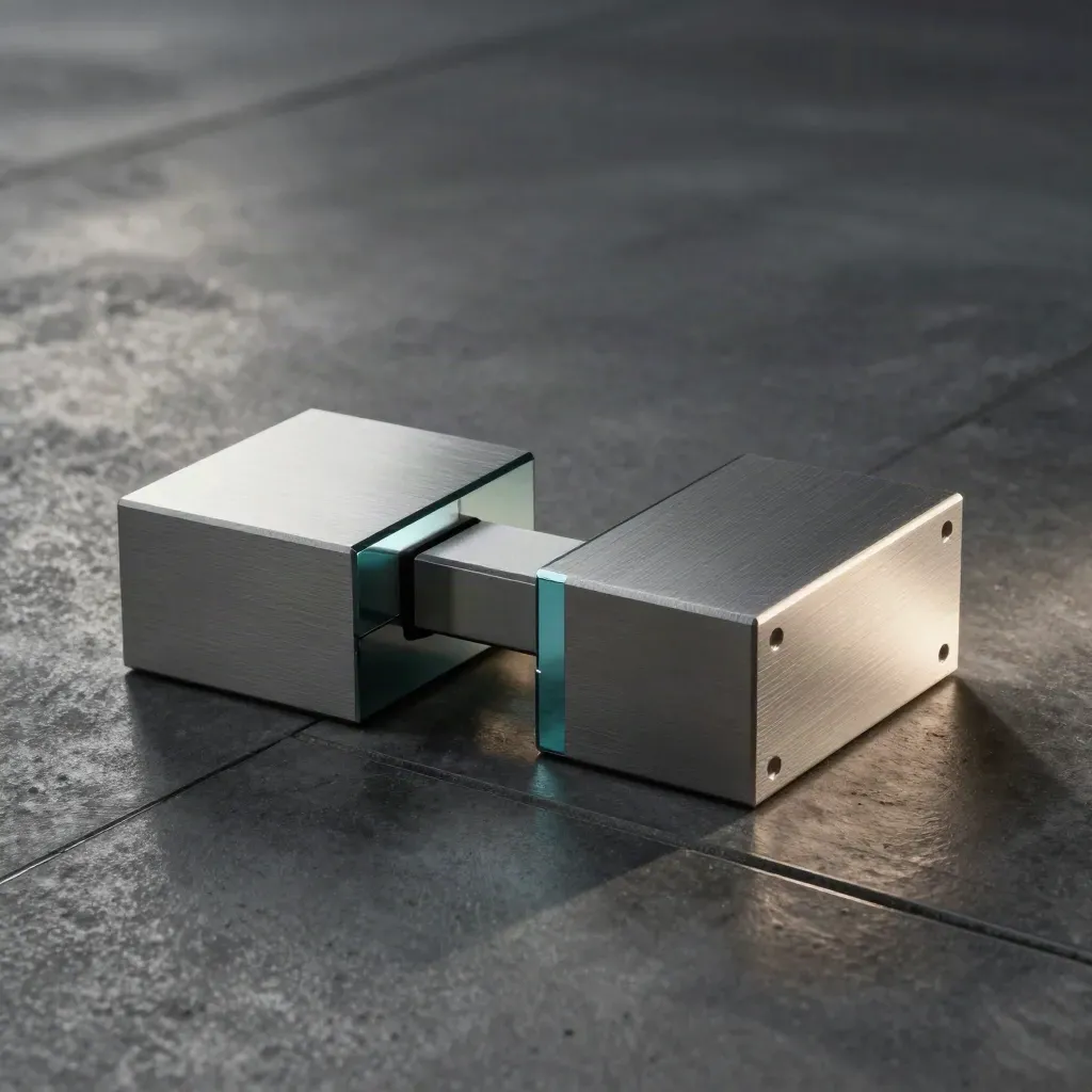 Brushed-aluminum collaboration modules locking together on a dark concrete floor.