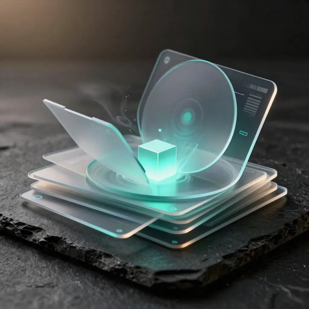Glowing teal website bundle cards and discs burst across a dark stone surface.