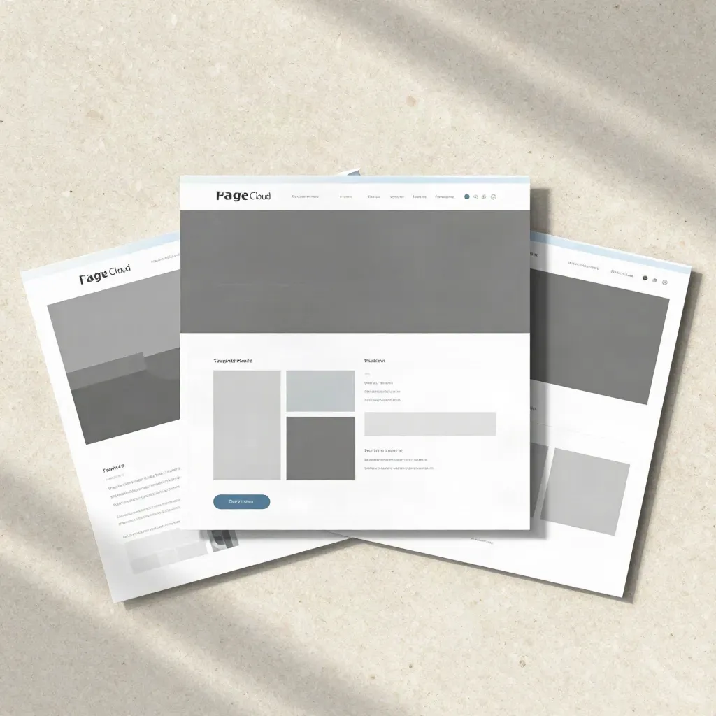 Overhead flatlay of website template tiles arcing on pale stone