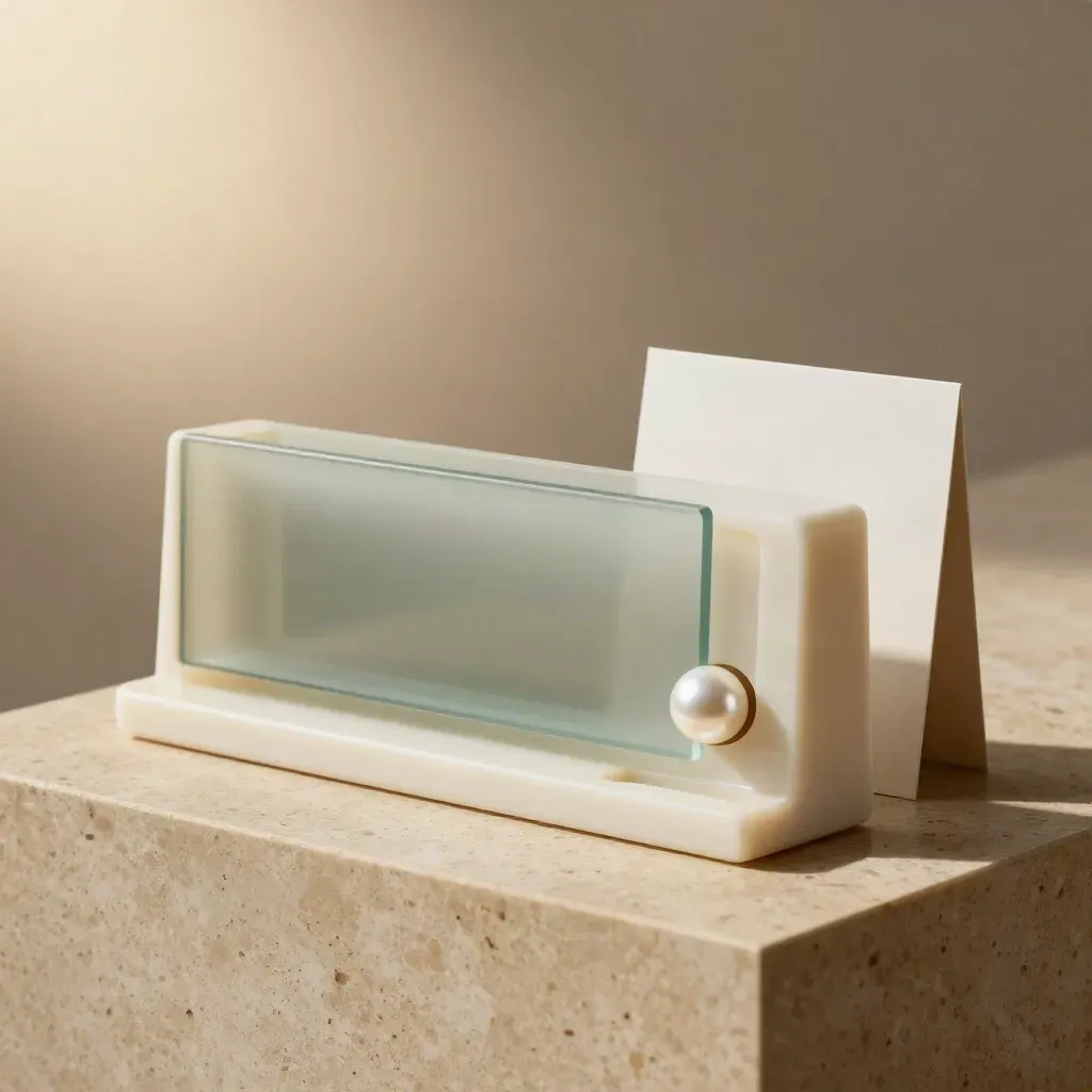 Frosted glass form module with floating panel, submit capsule and travertine base.
