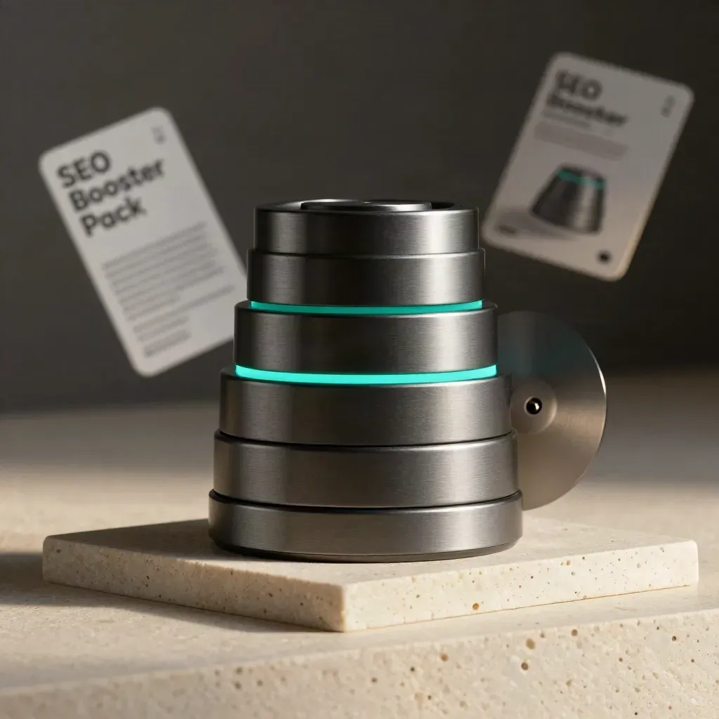 Graphite SEO booster stack with rings and beacon disc on pale stone, teal accent