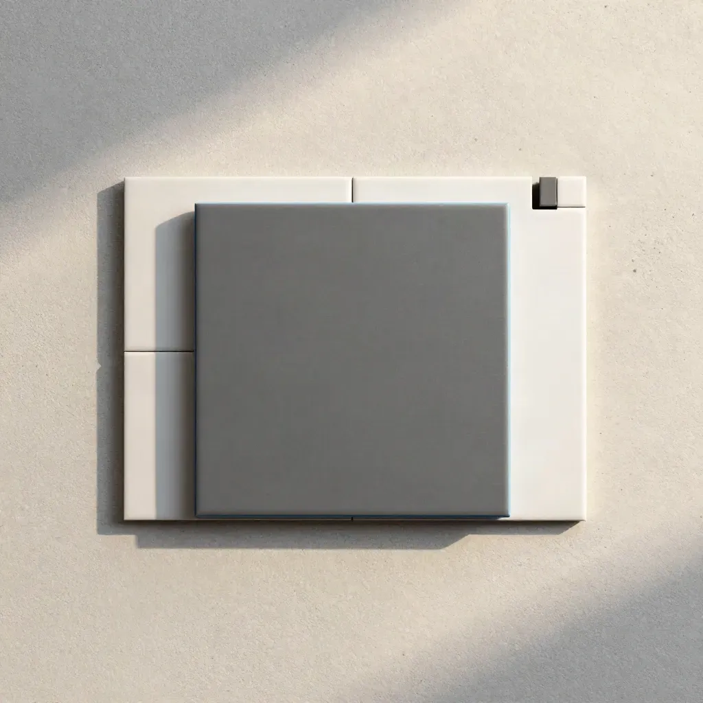 Overhead flatlay of modular website tiles with a blue add-on piece on concrete.