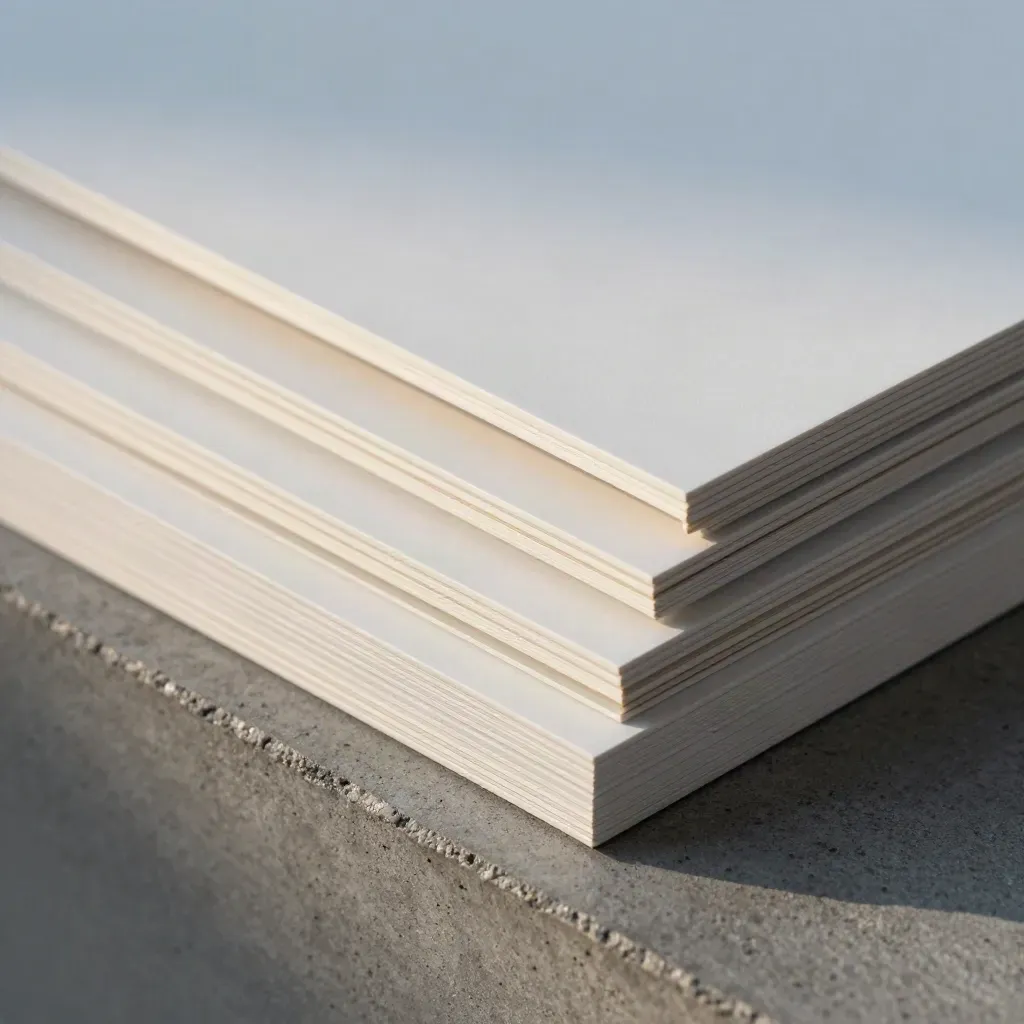 Matte white image-frame modules overlapping on cool concrete with raking light.
