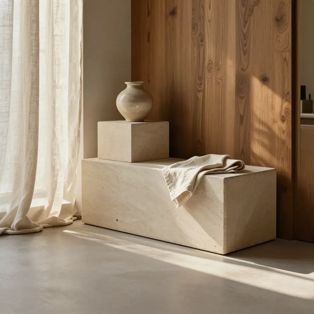 Sunlit oak gallery corner with linen, pale stone plinths, and calm empty floor for copy.