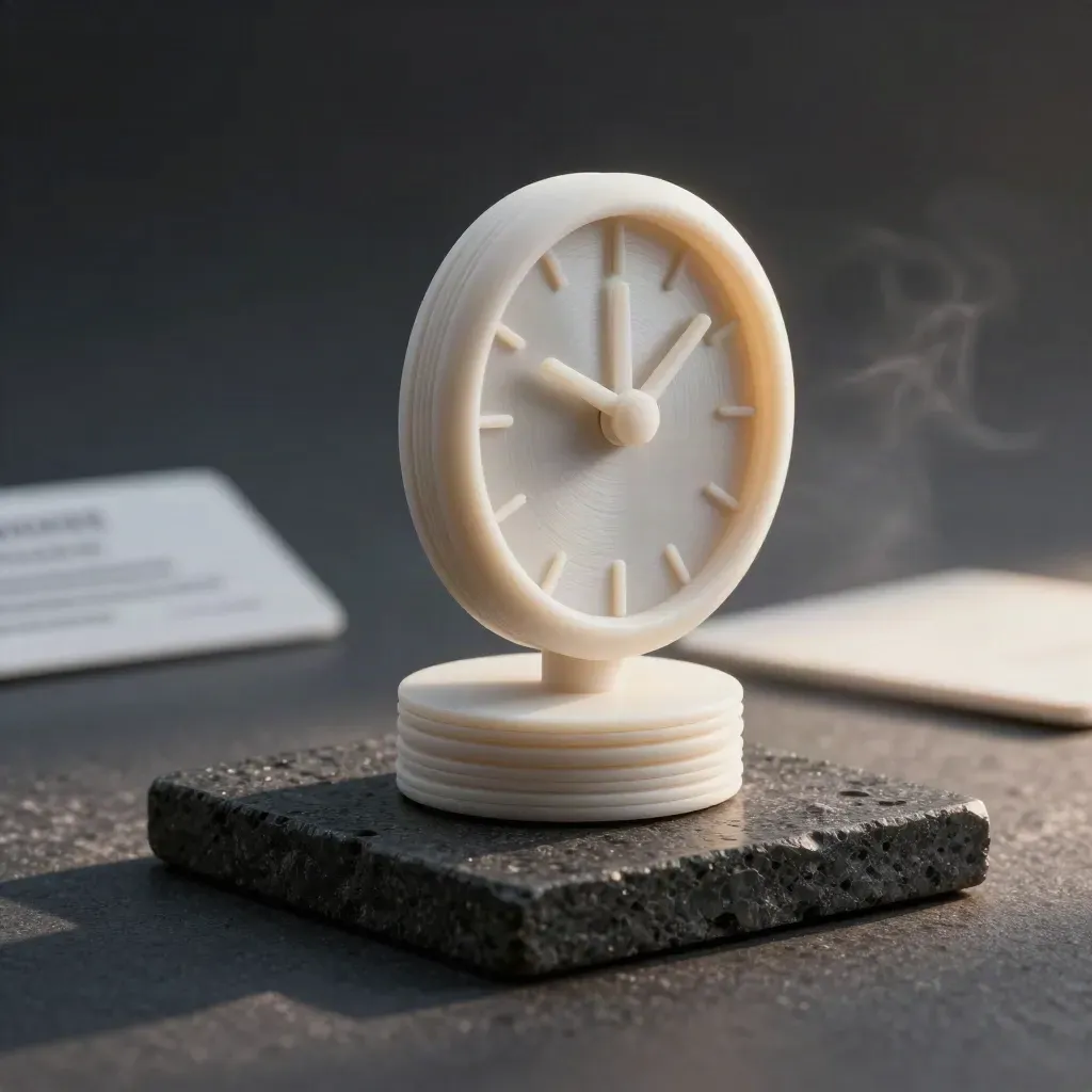 Low-angle hero stack of map-pin, clock-disc and bridge forms on dark stone with cool haze.