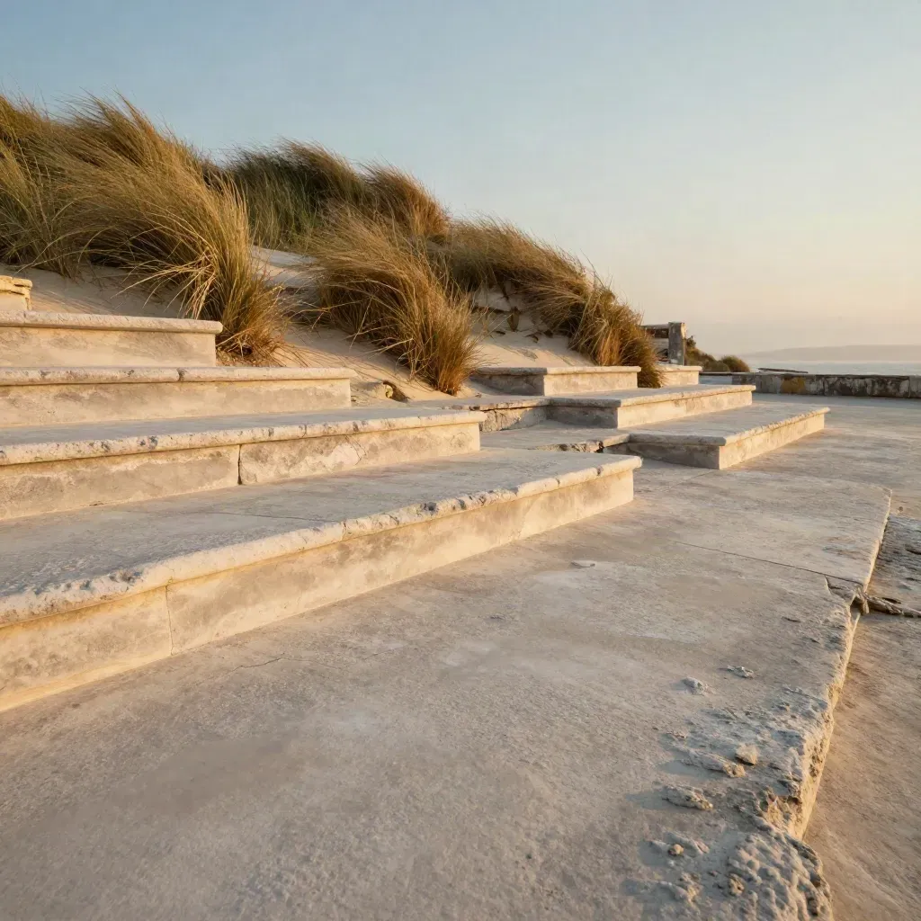 Sunlit coastal terrace with limestone steps, dune grasses, and a hazy sea horizon.