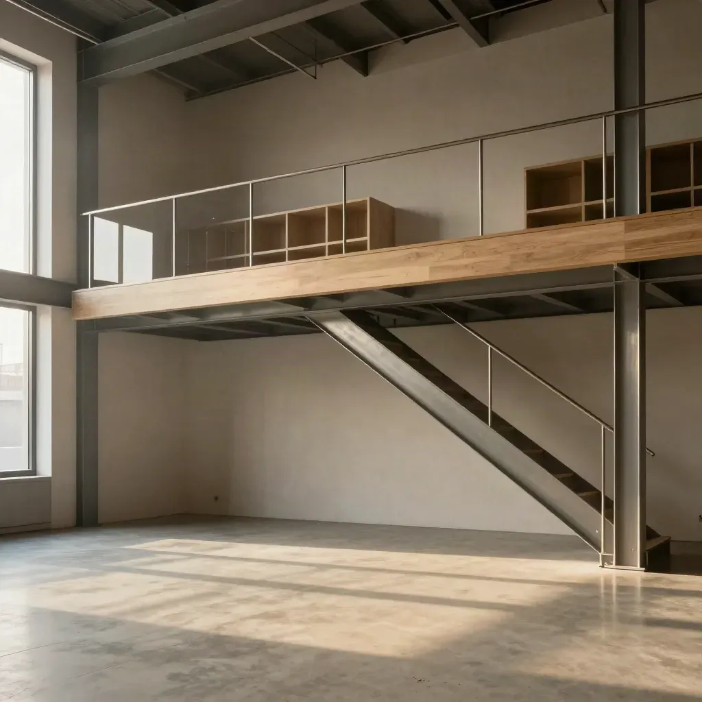 Sunlit double-height studio interior with steel beams, curved stair, and calm open floor space.