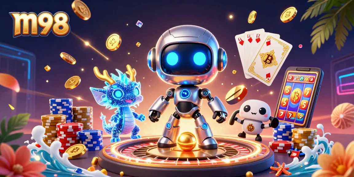 Engage with m98's exciting casino action featuring a cyberpunk robot and crypto elements.