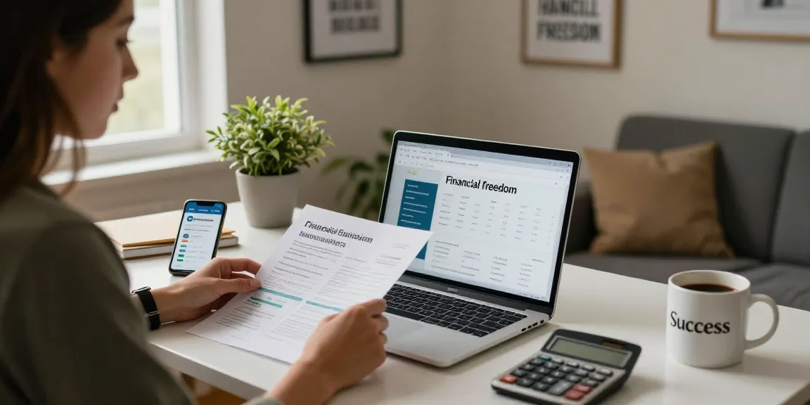 Empowering scene of RadCred lending review in a stylish home office, person analyzing finances with documents and laptop.