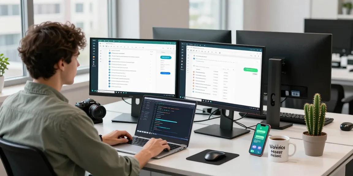Developer working with WhatsApp電腦版 in a modern workspace, dual monitors and productivity apps.