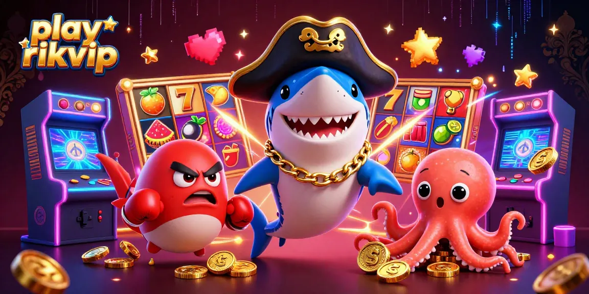 Spin the reels and play rikvip with a fun pirate shark, a pufferfish, and an octopus in this vibrant casino scene.