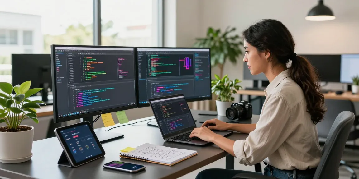 Female developer coding on a laptop in a vibrant office, showcasing AI assistant tools.