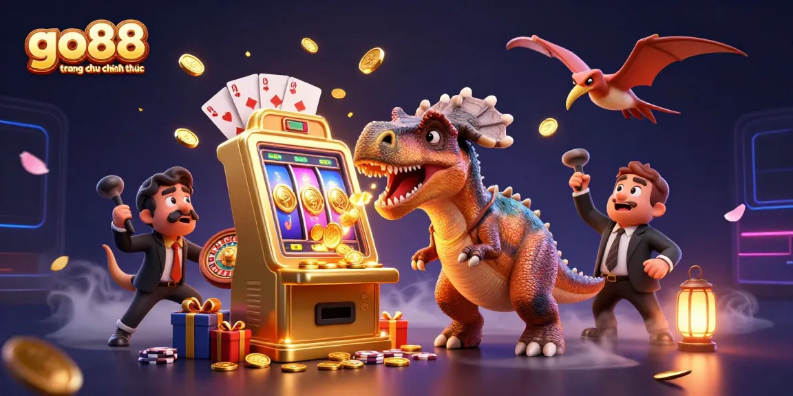 Experience go88 trang chu chinh thuc with pachycephalosaurus hitting a jackpot slot while being surrounded by vibrant casino elements.