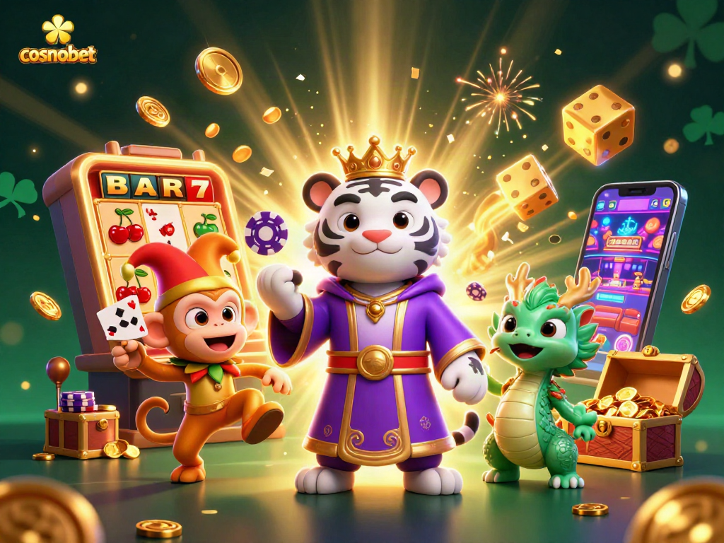 The playful golden monkey juggles poker chips while the majestic cosmobet tiger reigns over a vibrant casino scene.