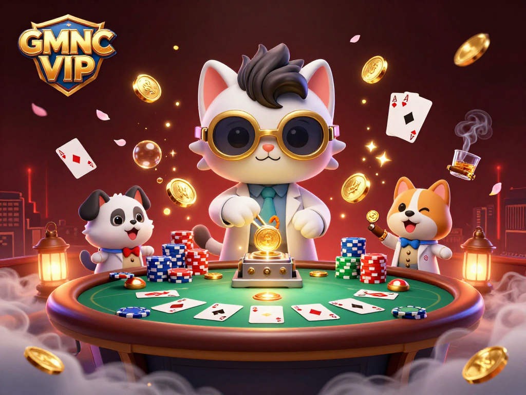 Join the excitement of GMNC VIP with a mad scientist cat creating a gold-coin-replication machine at a lively poker table.