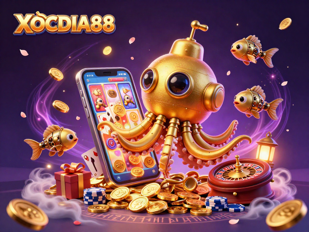 Engage with exciting gaming at XOCDIA88, featuring a vibrant scene of a golden kraken submarine and dynamic casino elements.