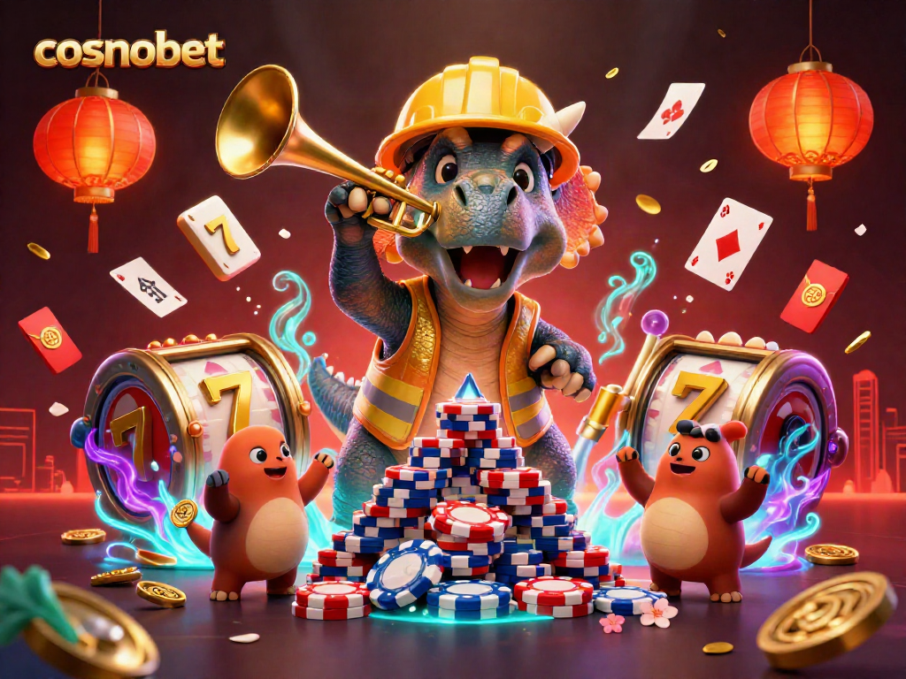 Experience the excitement of cosmobet with triceratops and friends celebrating casino wins amidst vibrant gaming elements.