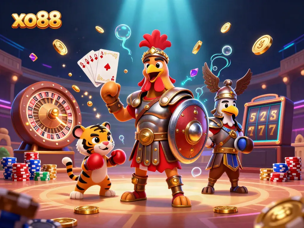 Experience the excitement at xo88 with colorful casino elements and dynamic characters in a stunning 3D scene.