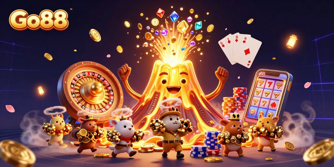 Experience the excitement of Go88 with a vibrant 3D casino scene filled with treasures and games.