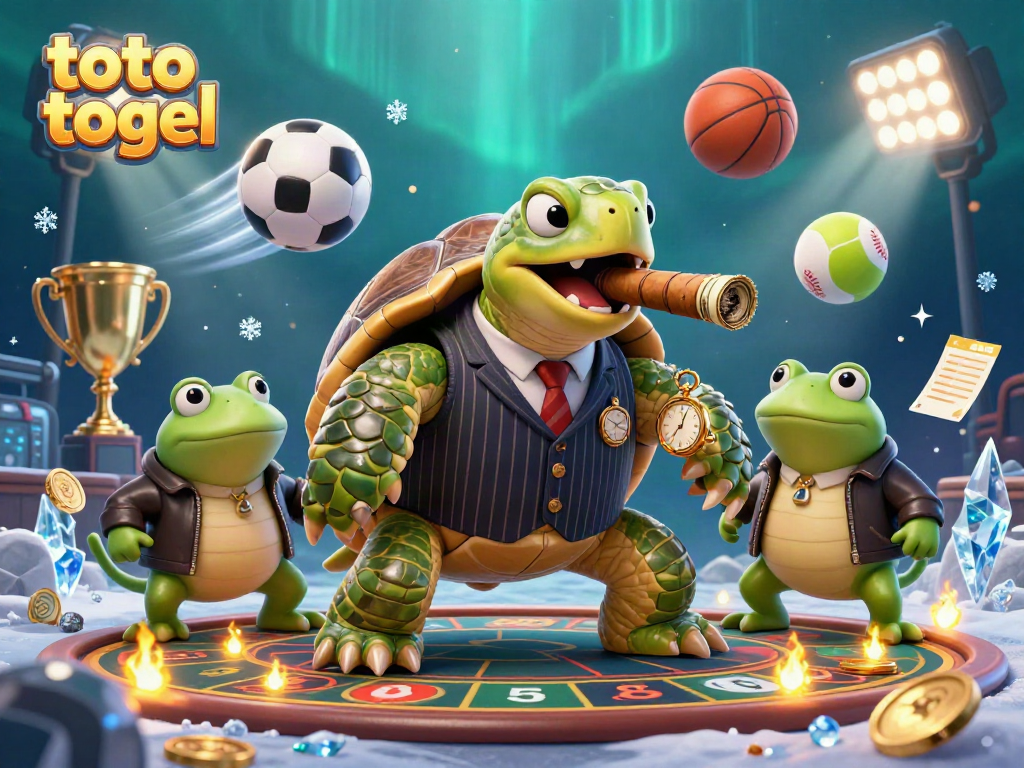 Win big with toto togel in a vibrant casino scene featuring a cartoon snapping turtle and bullfrog enforcers.