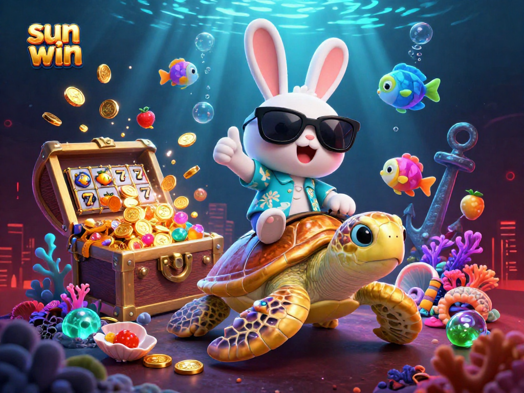 Win big with sun win while a lucky rabbit rides a golden turtle in a vibrant casino scene.